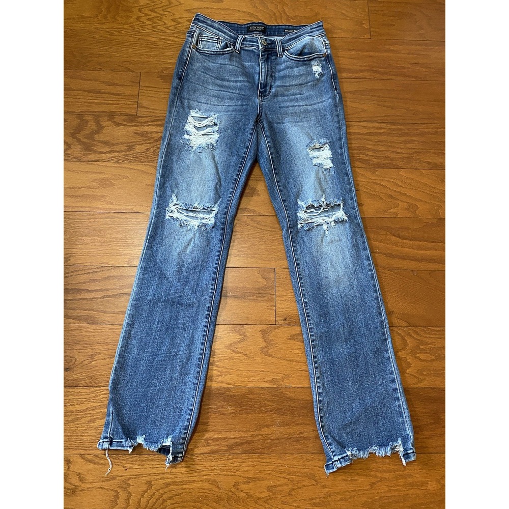 Judy Blue Straight Fit Jeans Womens 5/27 Stretch Blue Denim Distressed Pants